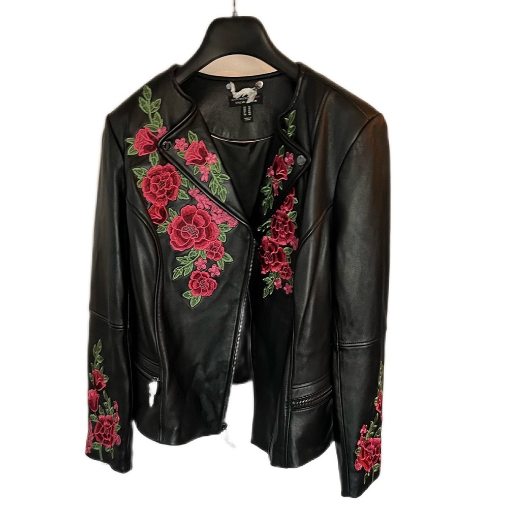 Floral embroidered black leather jacket